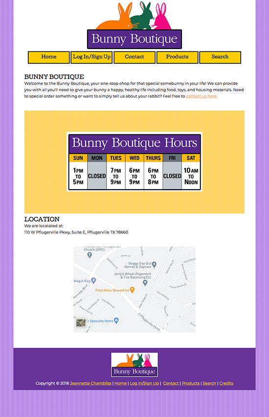 Database: Bunny Boutique Home Page Full View