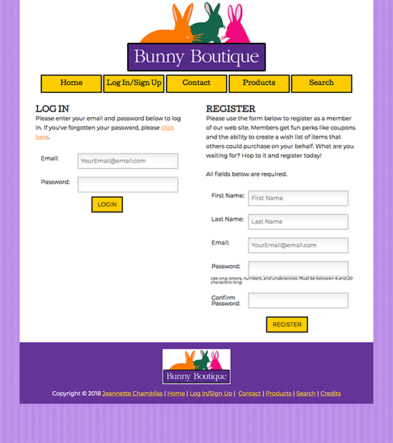 Database: Bunny Boutique Log In/Sign Up Page Full View