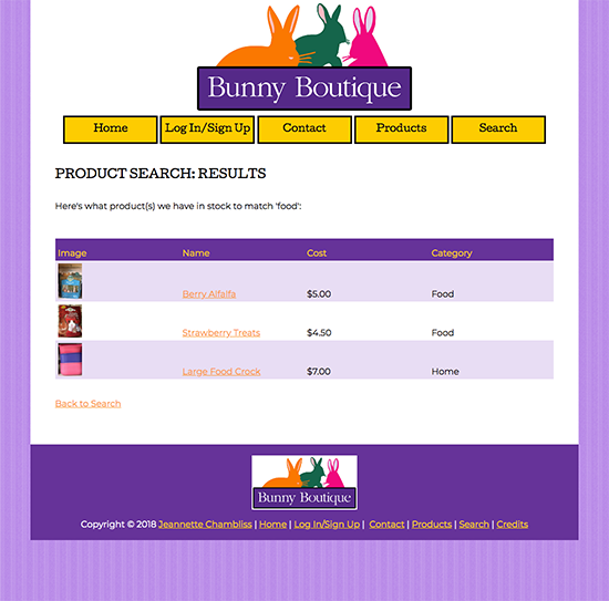 Database: Bunny Boutique Search Results Page Full View
